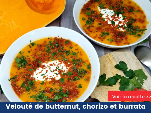 Velouté de butternut au chorizo et à la burrata